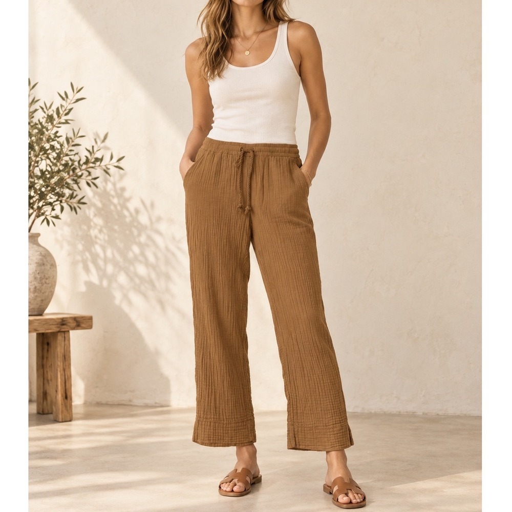 J.Jill Pure Jill Cotton Gauze Pants Brown Drawstring Relaxed Straight Leg M C5
